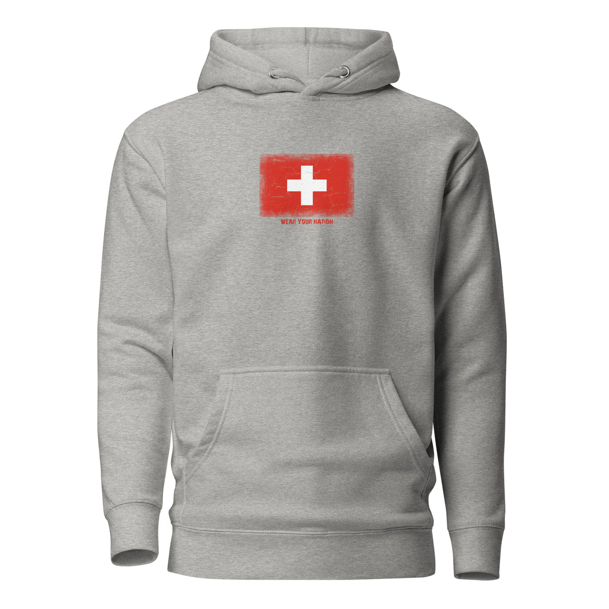Switzerland flag hoodie in Carbon Grey, vintage-washed print, flag on the chest, unisex cut, front view