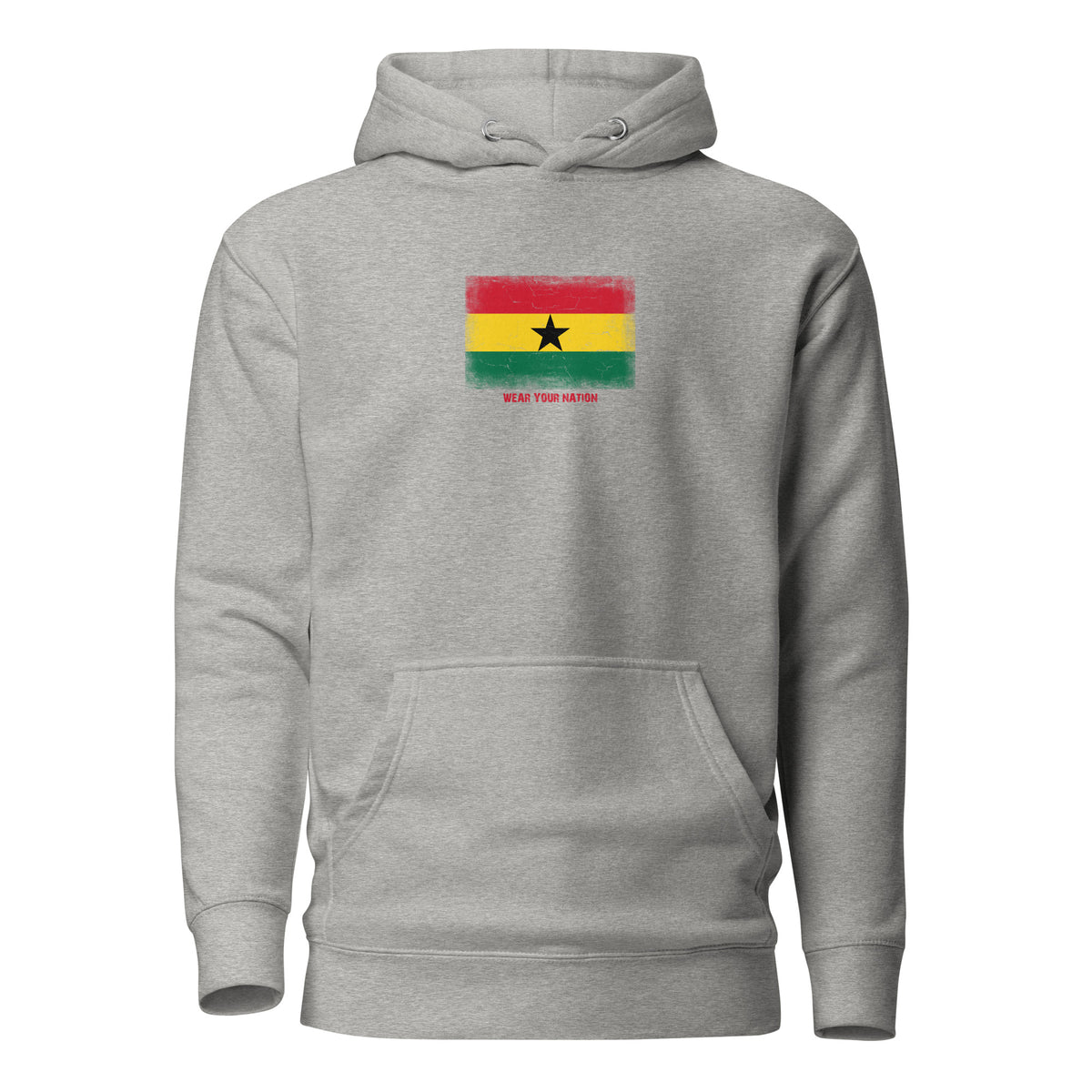 Ghana flag hoodie in Carbon Grey, vintage-washed print, flag on the chest, unisex cut, front view
