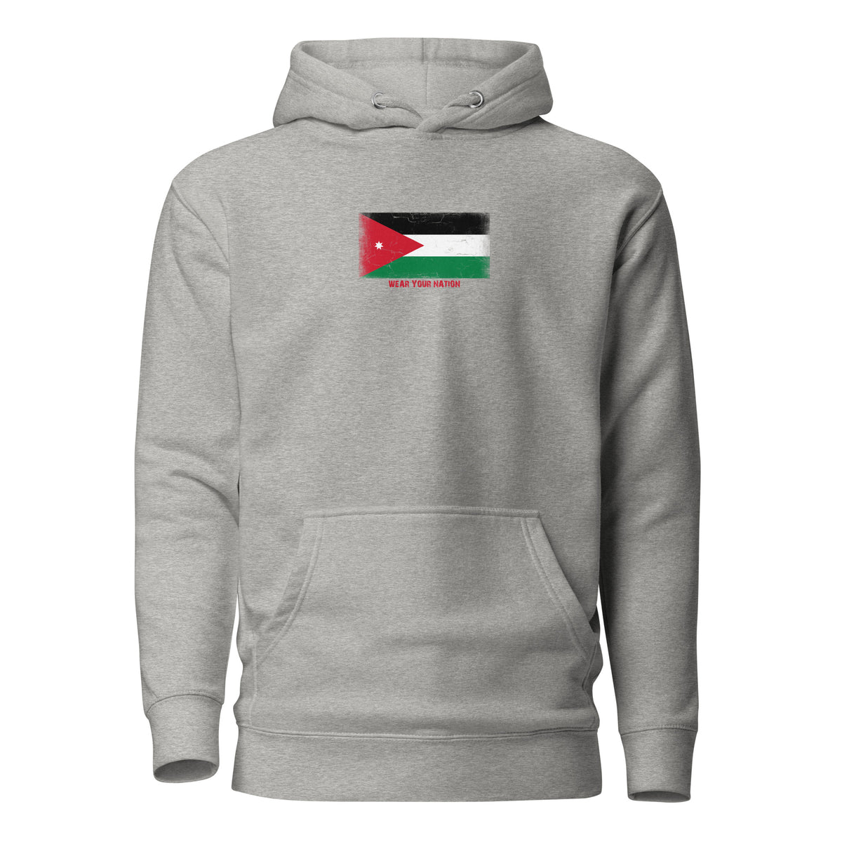 Jordan flag hoodie in Carbon Grey, vintage-washed print, flag on the chest, unisex cut, front view