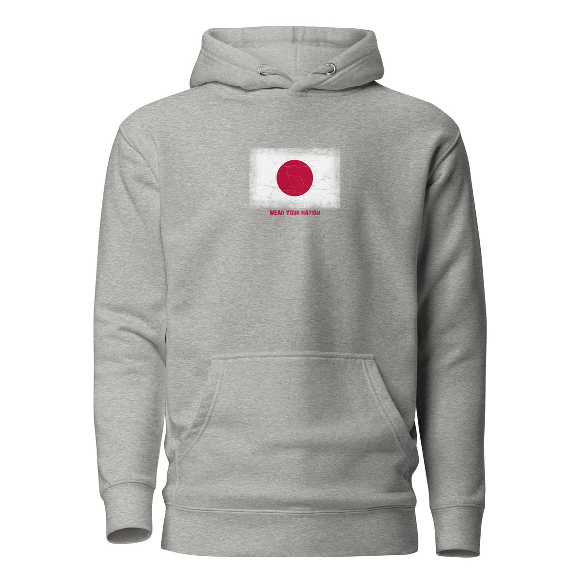 Japan flag hoodie in Carbon Grey, vintage-washed print, flag on the chest, unisex cut, front view