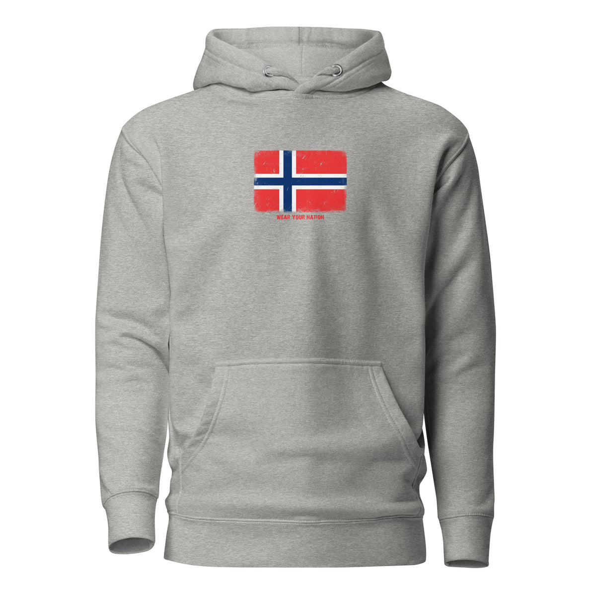 Norway flag hoodie in Carbon Grey, vintage-washed print, flag on the chest, unisex cut, front view