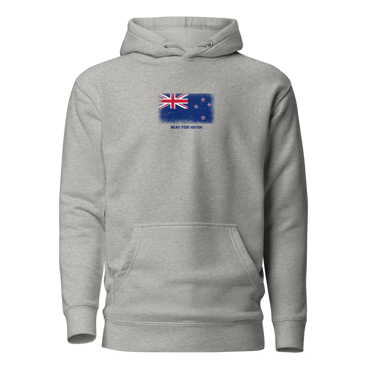 New Zealand flag hoodie in Carbon Grey, vintage-washed print, flag on the chest, unisex cut, front view