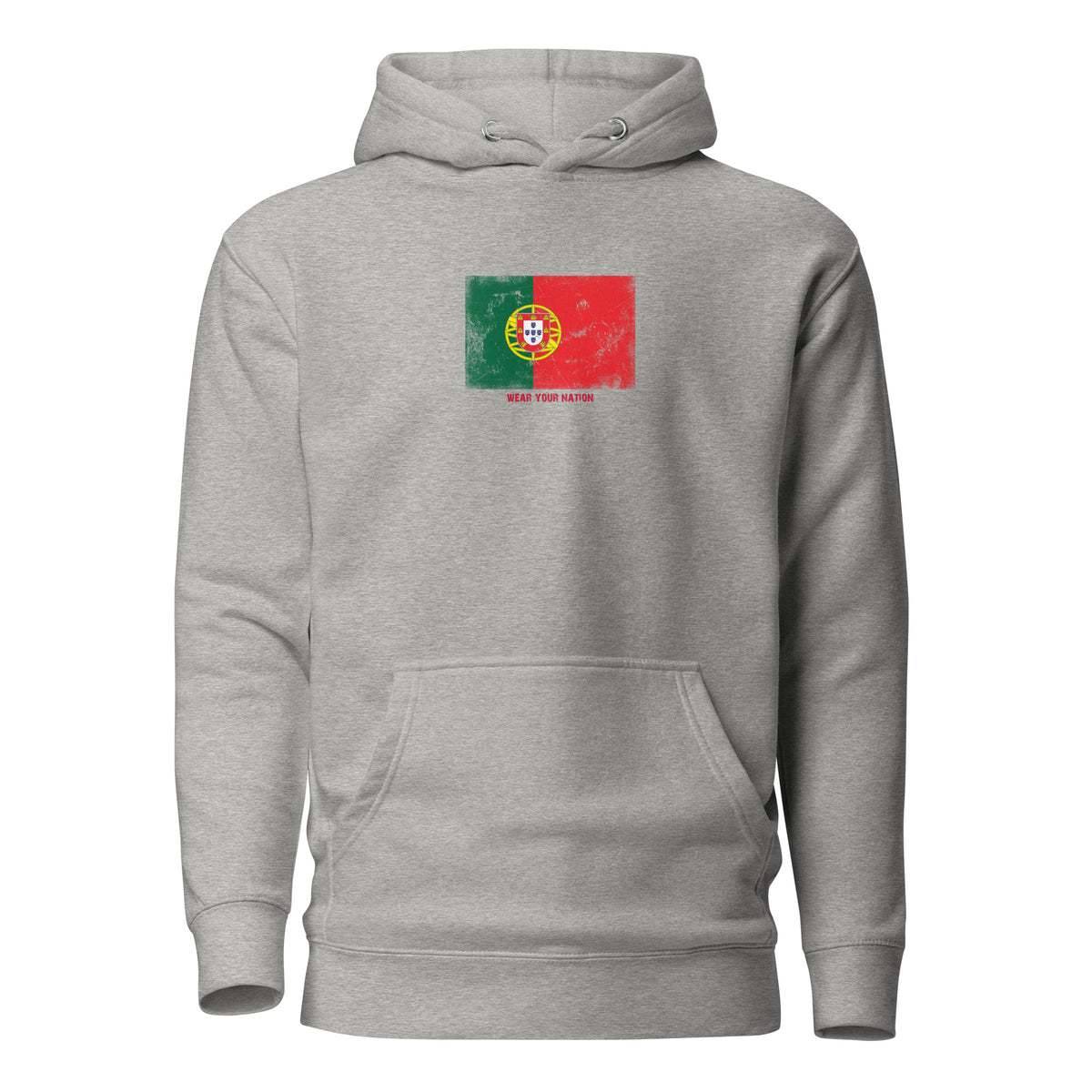Portugal flag hoodie in Carbon Grey, vintage-washed print, flag on the chest, unisex cut, front view