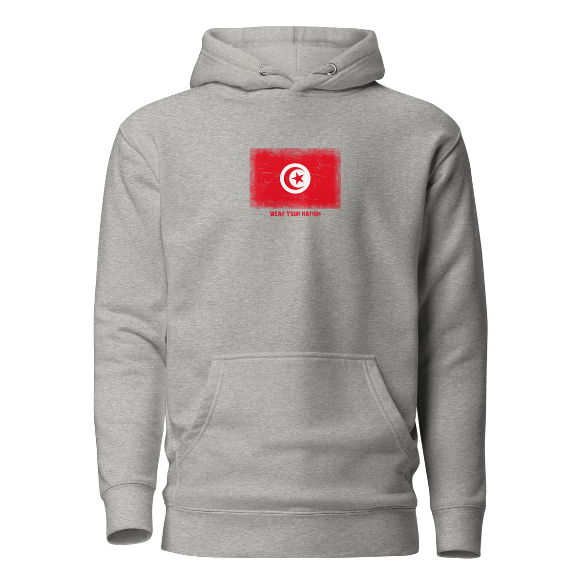 Tunisia flag hoodie in Carbon Grey, vintage-washed print, flag on the chest, unisex cut, front view