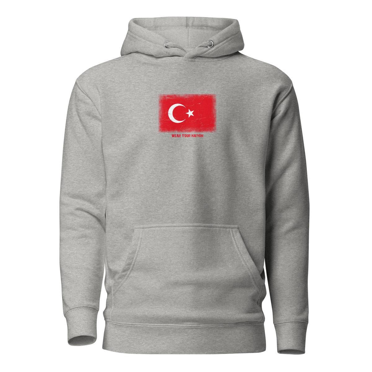 Turkey flag hoodie in Carbon Grey, vintage-washed print, flag on the chest, unisex cut, front view