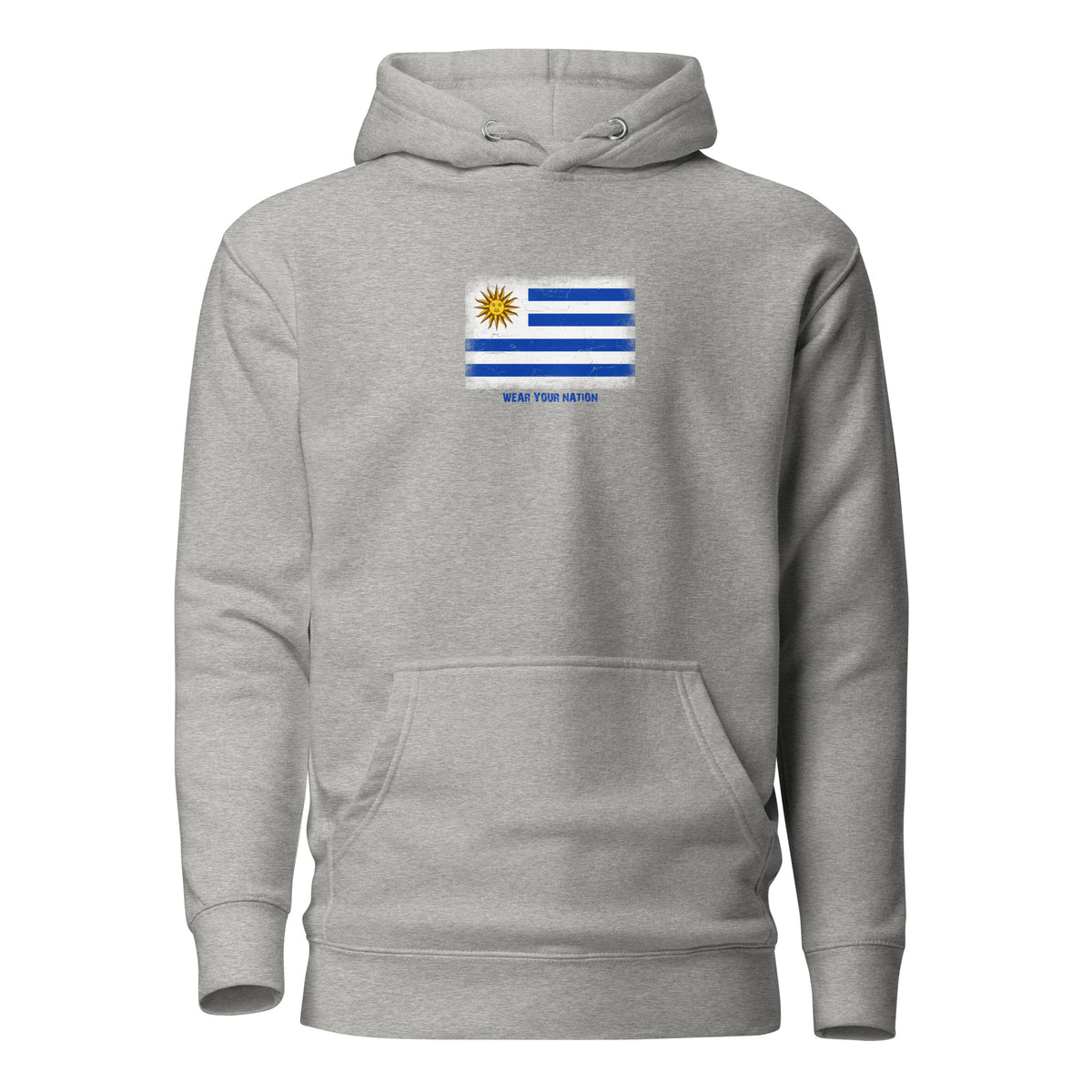 Uruguay flag hoodie in Carbon Grey, vintage-washed print, flag on the chest, unisex cut, front view
