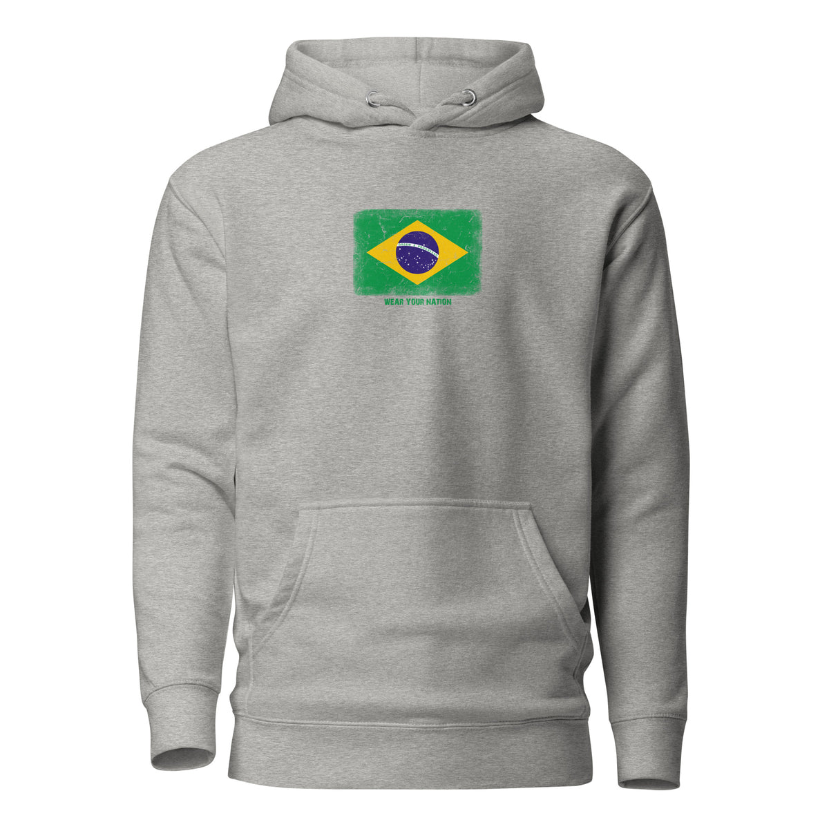 Brasil flag hoodie in Carbon Grey, vintage-washed print, flag on the chest, unisex cut, front view