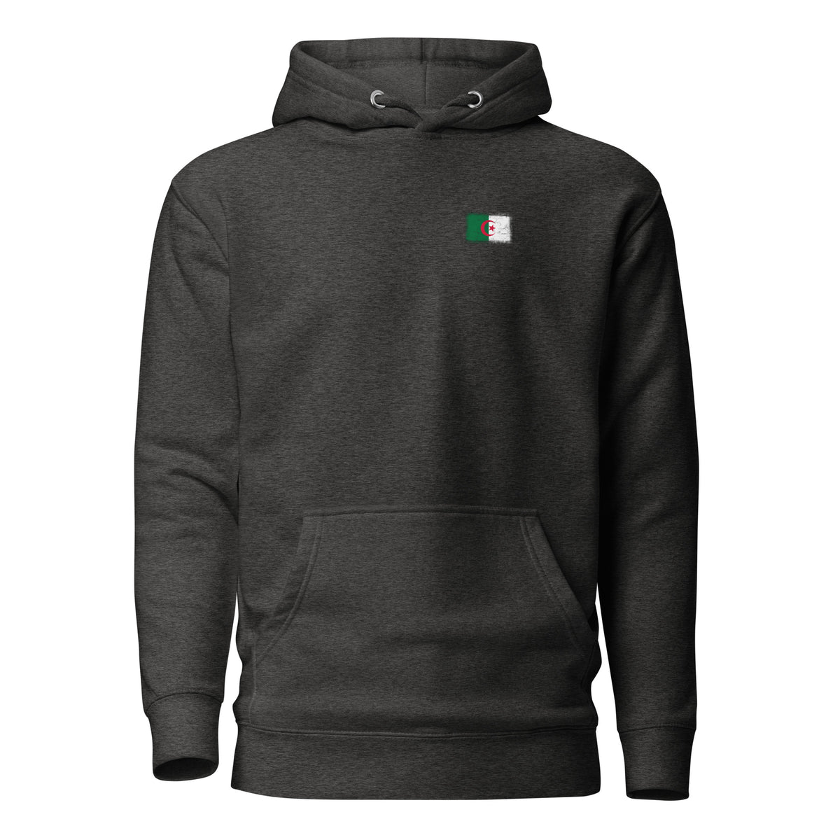 Algeria flag hoodie in Charcoal Heather, vintage-washed print, small flag on the left chest, unisex cut, front view
