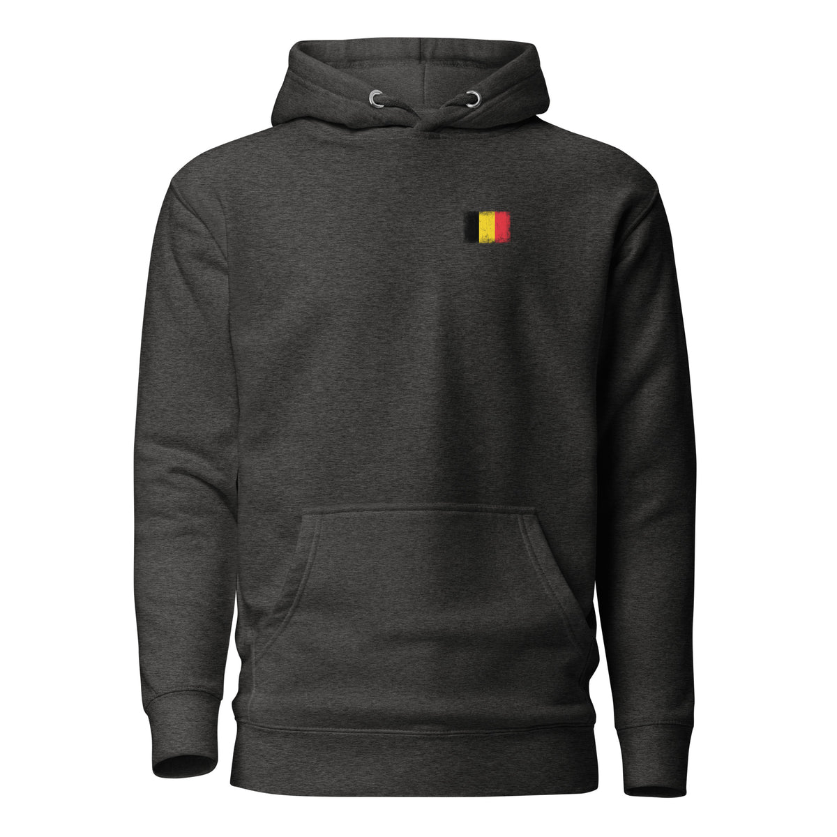 Belgium flag hoodie in Charcoal Heather, vintage-washed print, small flag on the left chest, unisex cut, front view
