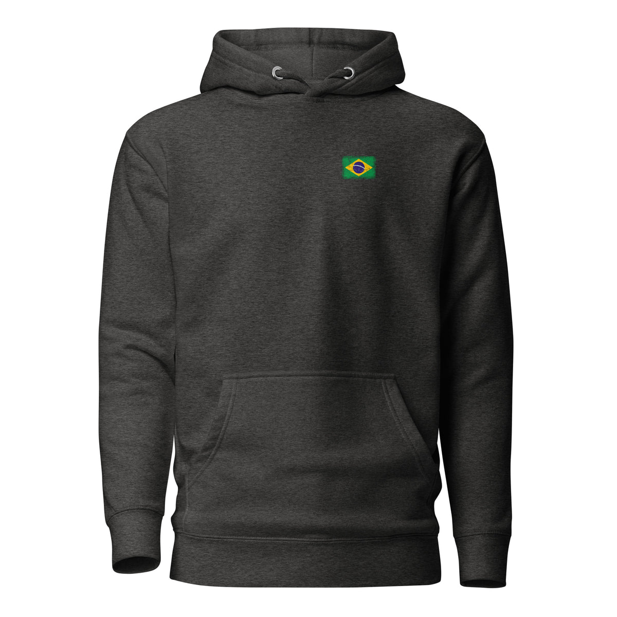 Brasil flag hoodie in Charcoal Heather, vintage-washed print, small flag on the left chest, unisex cut, front view