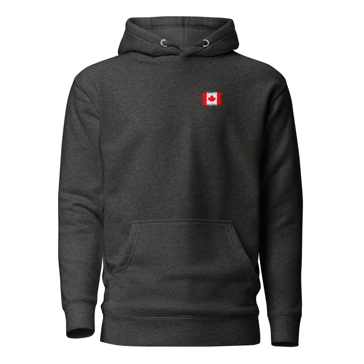 Canada flag hoodie in Charcoal Heather, vintage-washed print, small flag on the left chest, unisex cut, front view