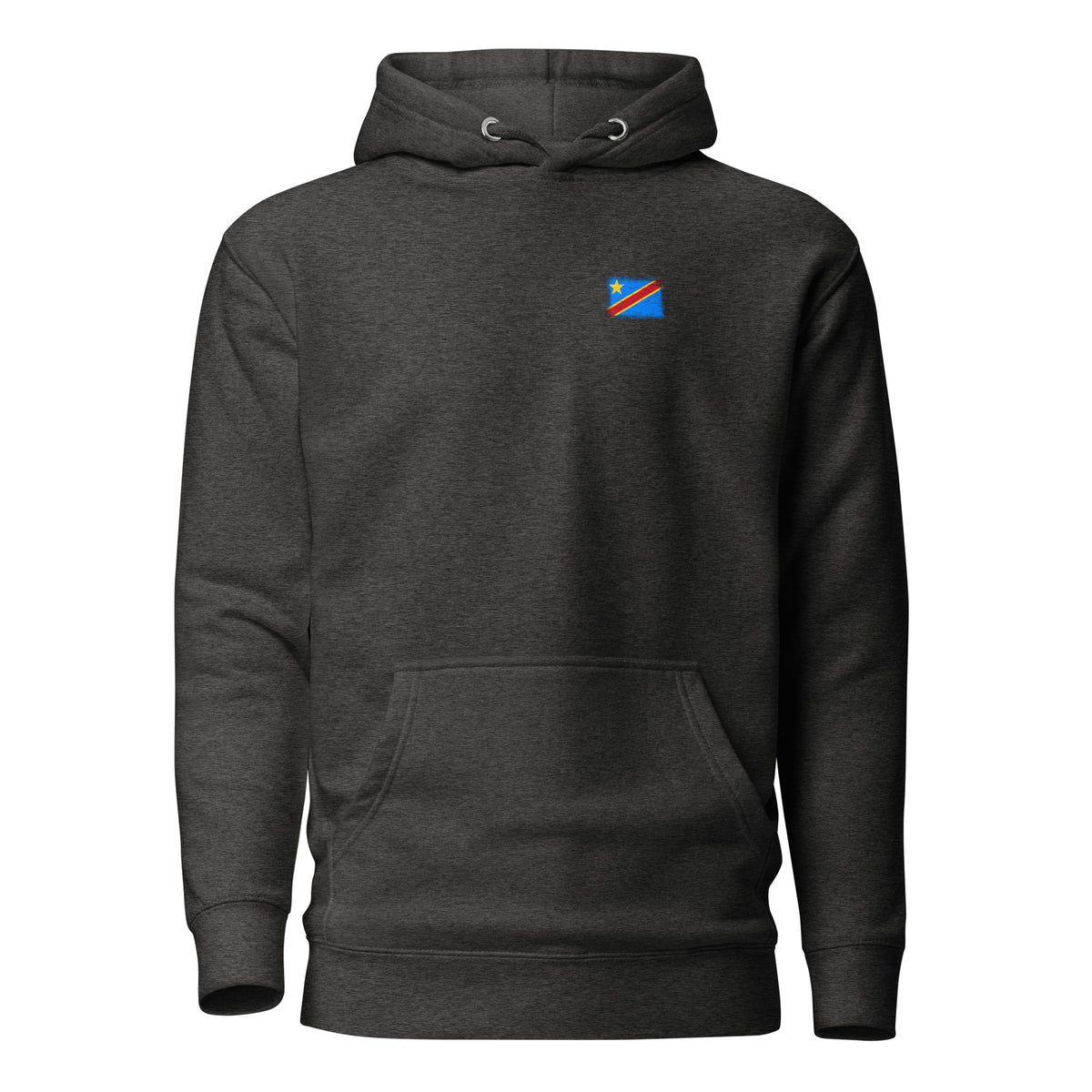 Congo flag hoodie in Charcoal Heather, vintage-washed print, small flag on the left chest, unisex cut, front view