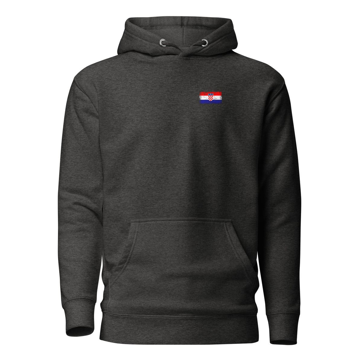 Croatia flag hoodie in Charcoal Heather, vintage-washed print, small flag on the left chest, unisex cut, front view
