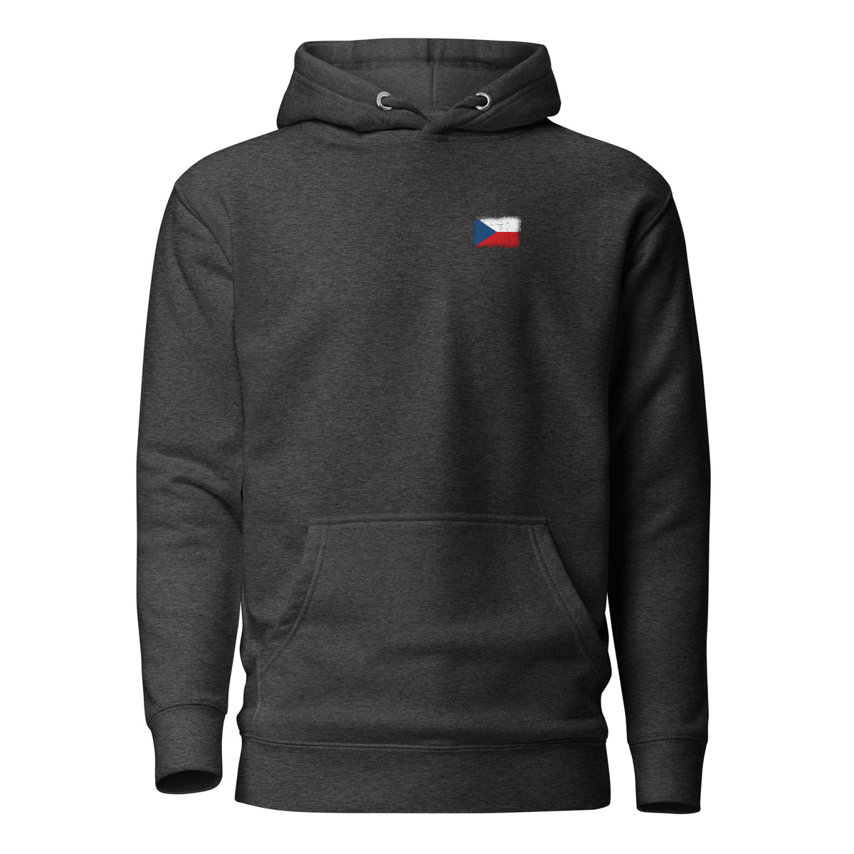 Czechia flag hoodie in Charcoal Heather, vintage-washed print, small flag on the left chest, unisex cut, front view