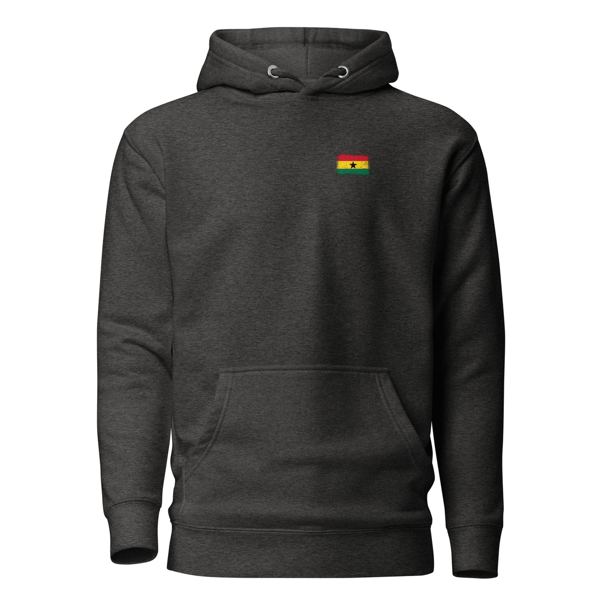 Ghana flag hoodie in Charcoal Heather, vintage-washed print, small flag on the left chest, unisex cut, front view