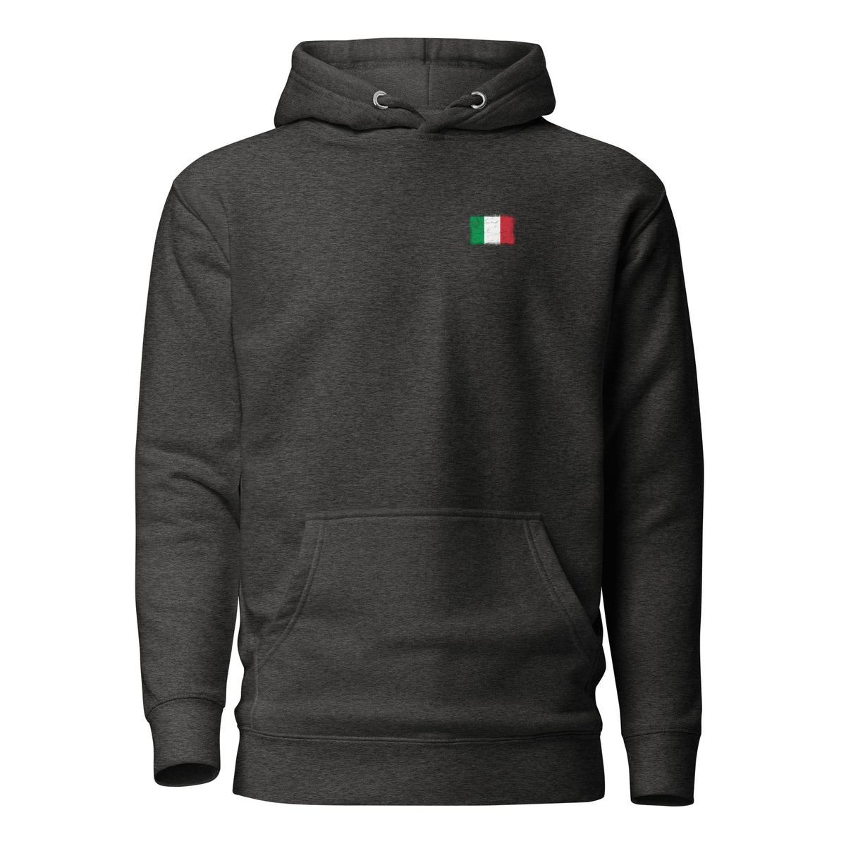 Italy flag hoodie in Charcoal Heather, vintage-washed print, small flag on the left chest, unisex cut, front view