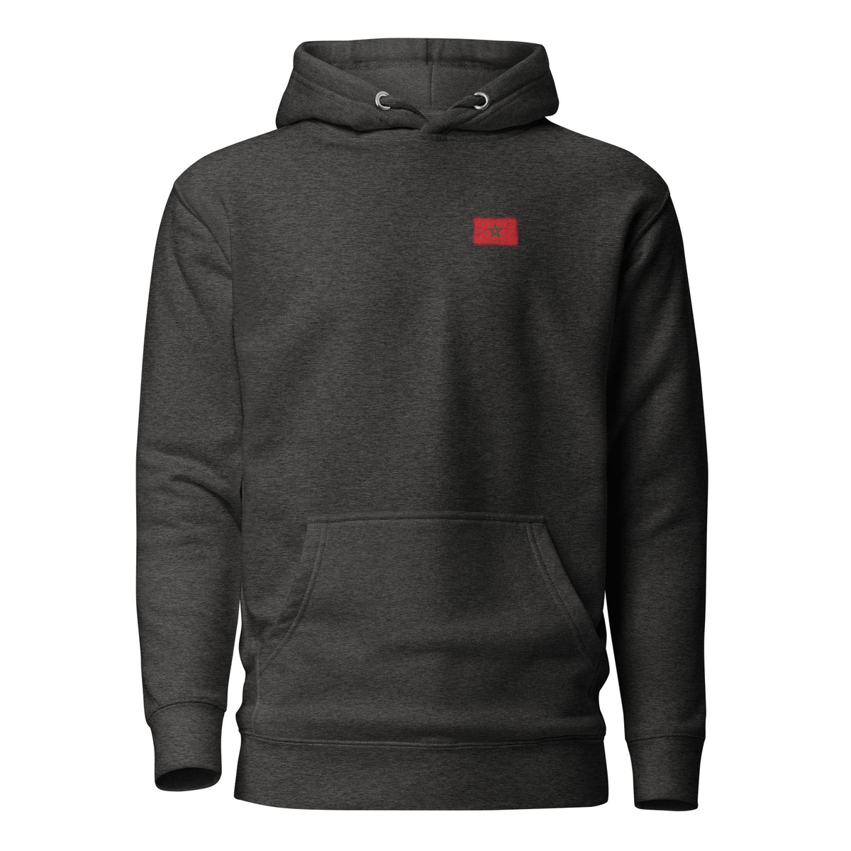 Morocco flag hoodie in Charcoal Heather, vintage-washed print, small flag on the left chest, unisex cut, front view