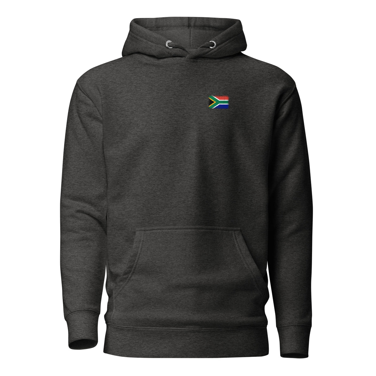 South Africa flag hoodie in Charcoal Heather, vintage-washed print, small flag on the left chest, unisex cut, front view