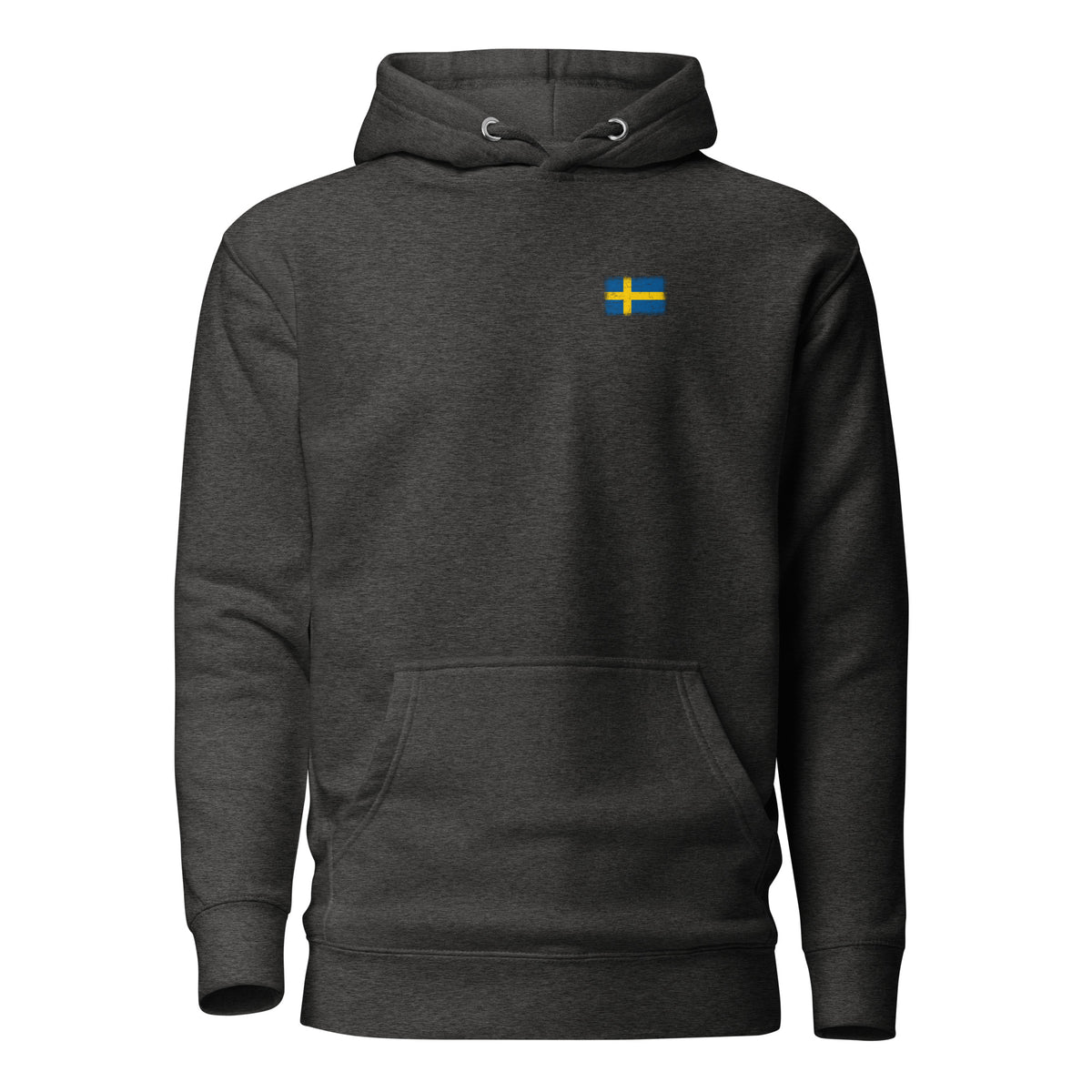 Sweden flag hoodie in Charcoal Heather, vintage-washed print, small flag on the left chest, unisex cut, front view