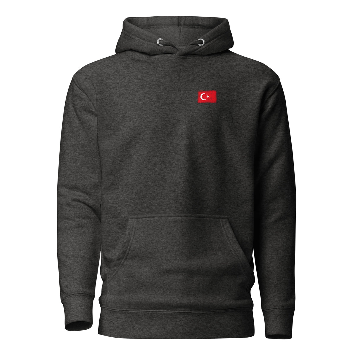Turkey flag hoodie in Charcoal Heather, vintage-washed print, small flag on the left chest, unisex cut, front view