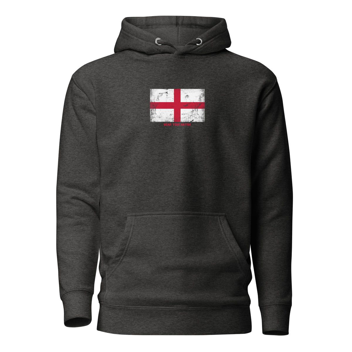 England flag hoodie in Charcoal Heather, vintage-washed print, flag on the chest, unisex cut, front view