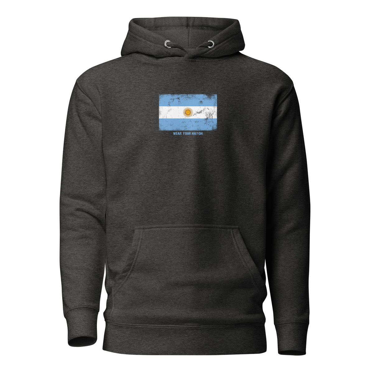 Argentina flag hoodie in Charcoal Heather, vintage-washed print, flag on the chest, unisex cut, front view