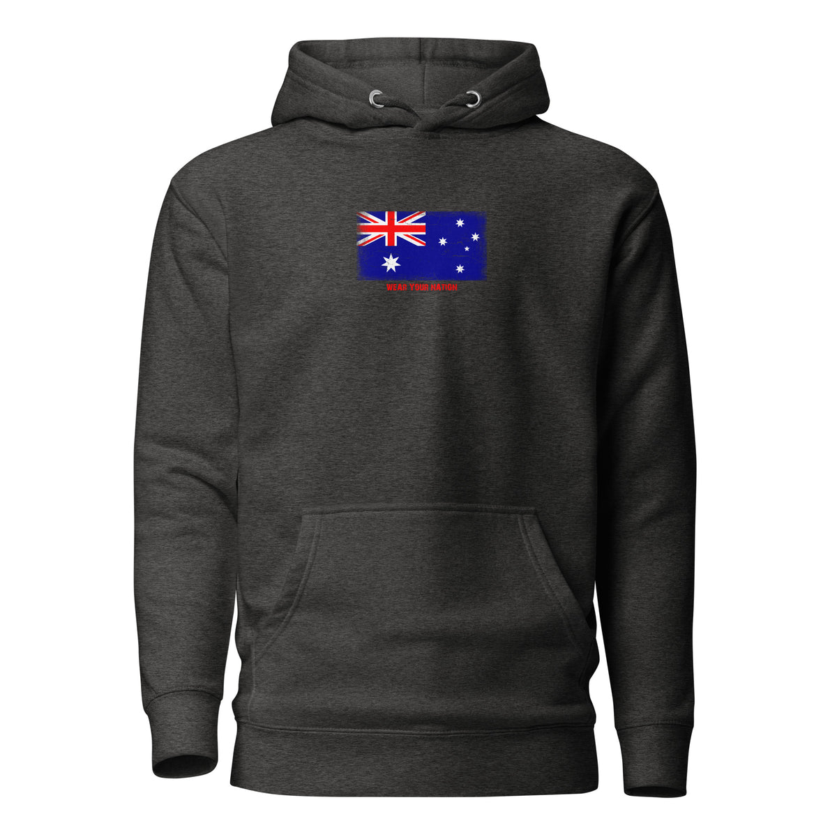 Australia flag hoodie in Charcoal Heather, vintage-washed print, flag on the chest, unisex cut, front view