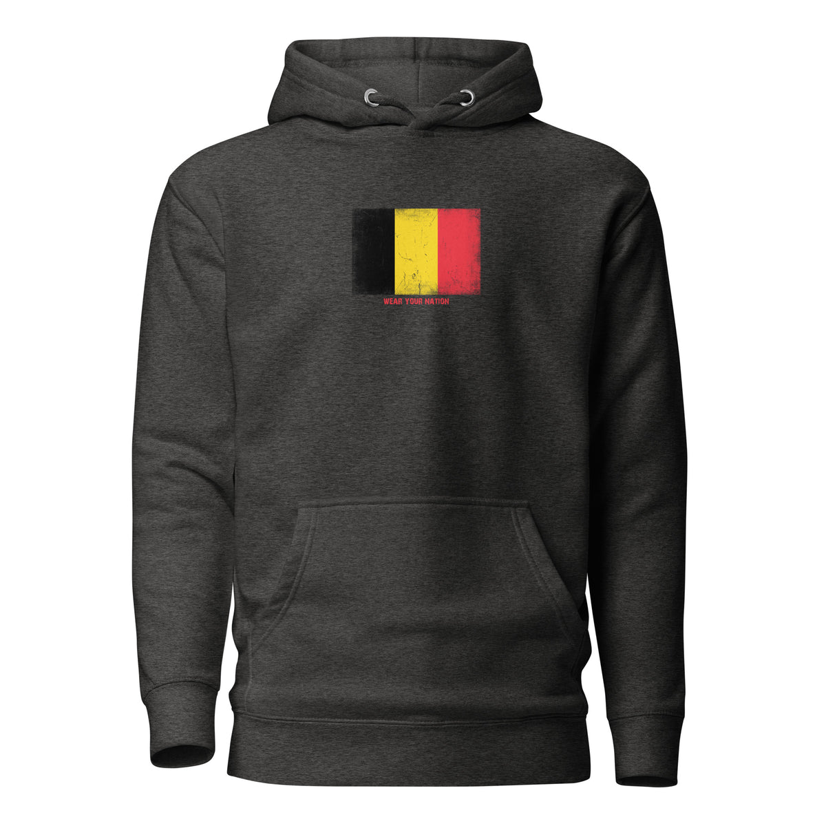 Bosnia and Herzegovina flag hoodie in Charcoal Heather, vintage-washed print, flag on the chest, unisex cut, front view