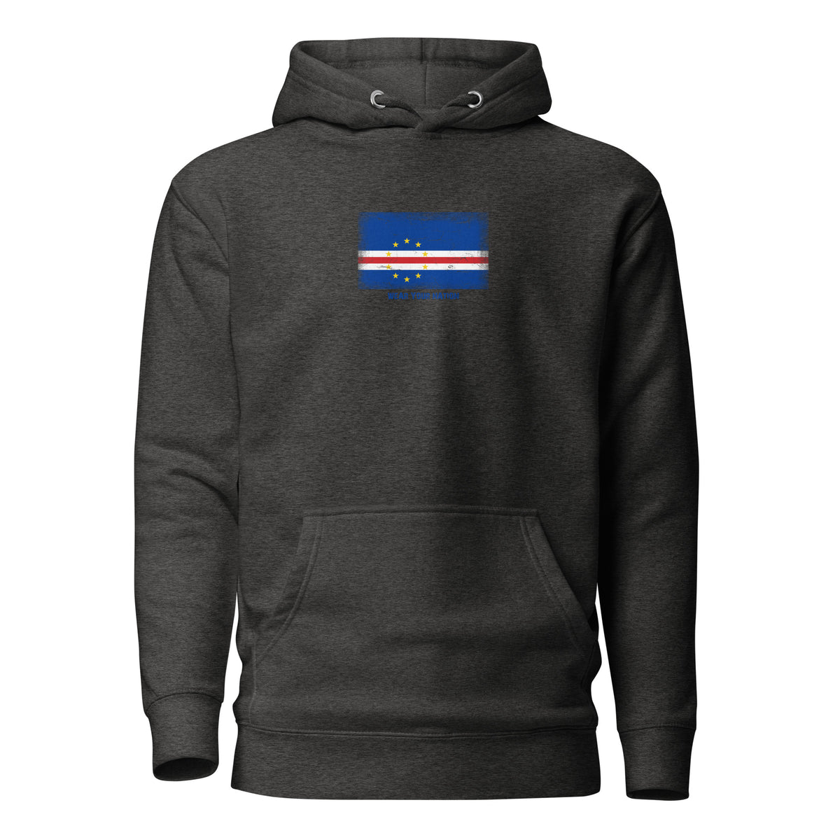 Cape Verde flag hoodie in Charcoal Heather, vintage-washed print, flag on the chest, unisex cut, front view