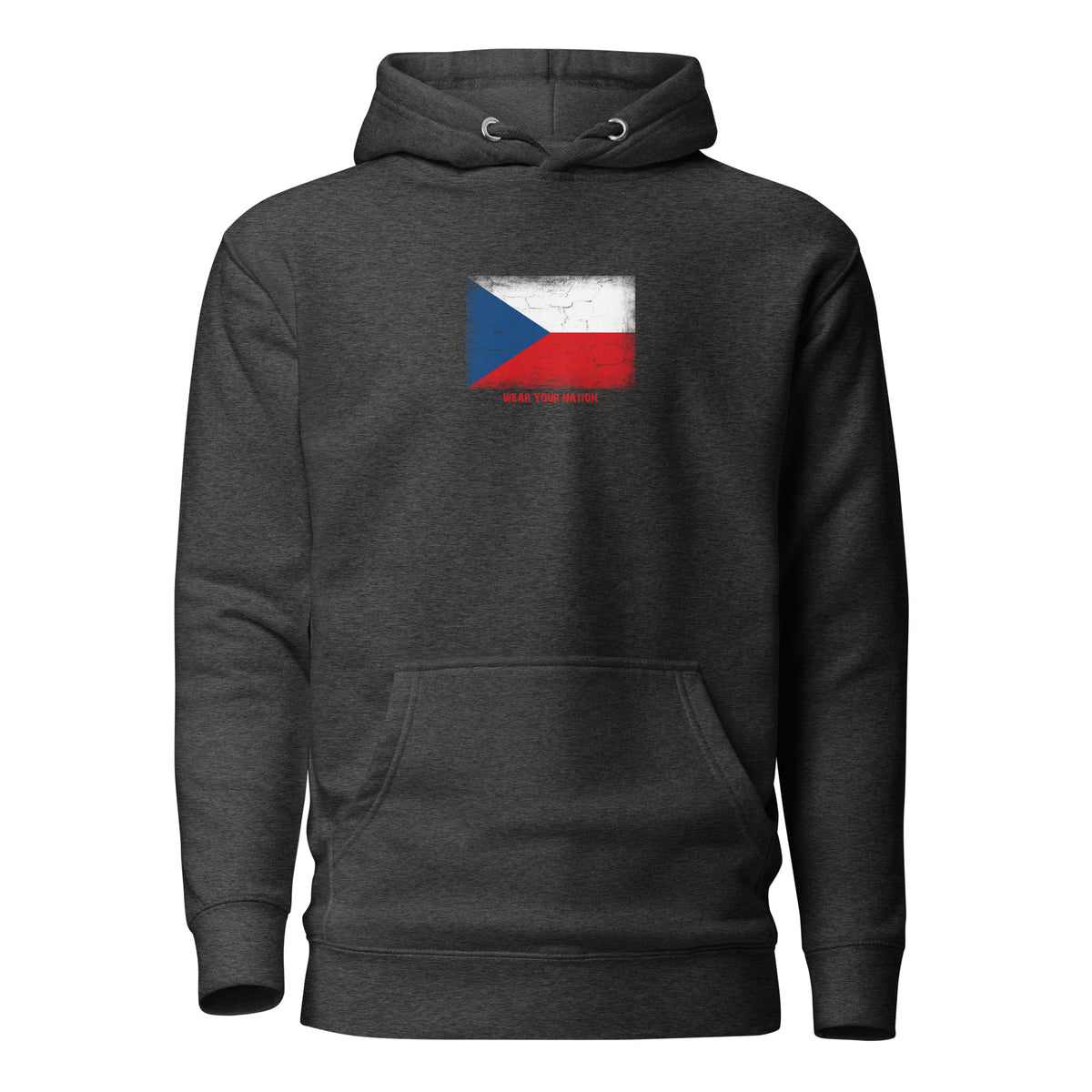 Czechia flag hoodie in Charcoal Heather, vintage-washed print, flag on the chest, unisex cut, front view