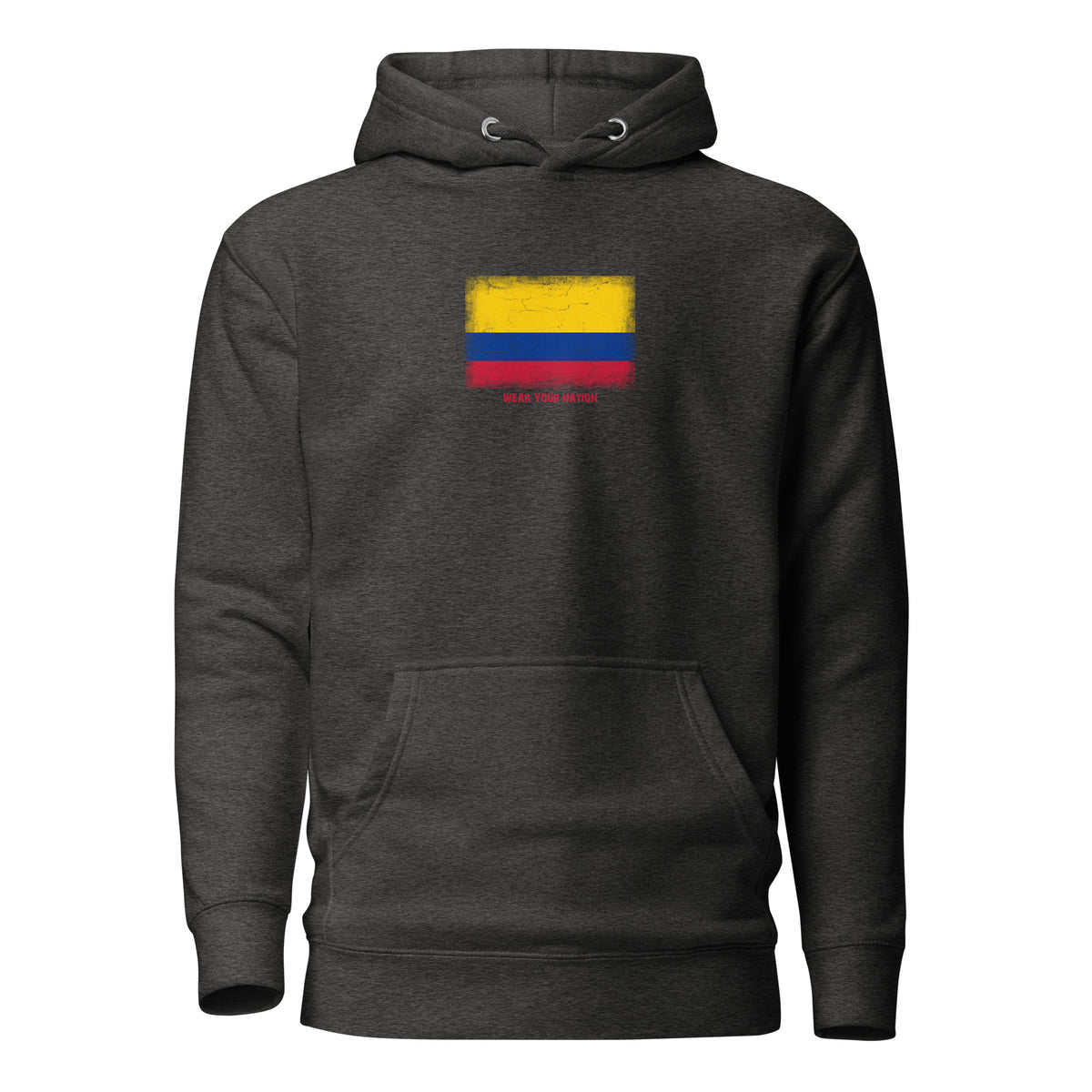 Colombia flag hoodie in Charcoal Heather, vintage-washed print, flag on the chest, unisex cut, front view