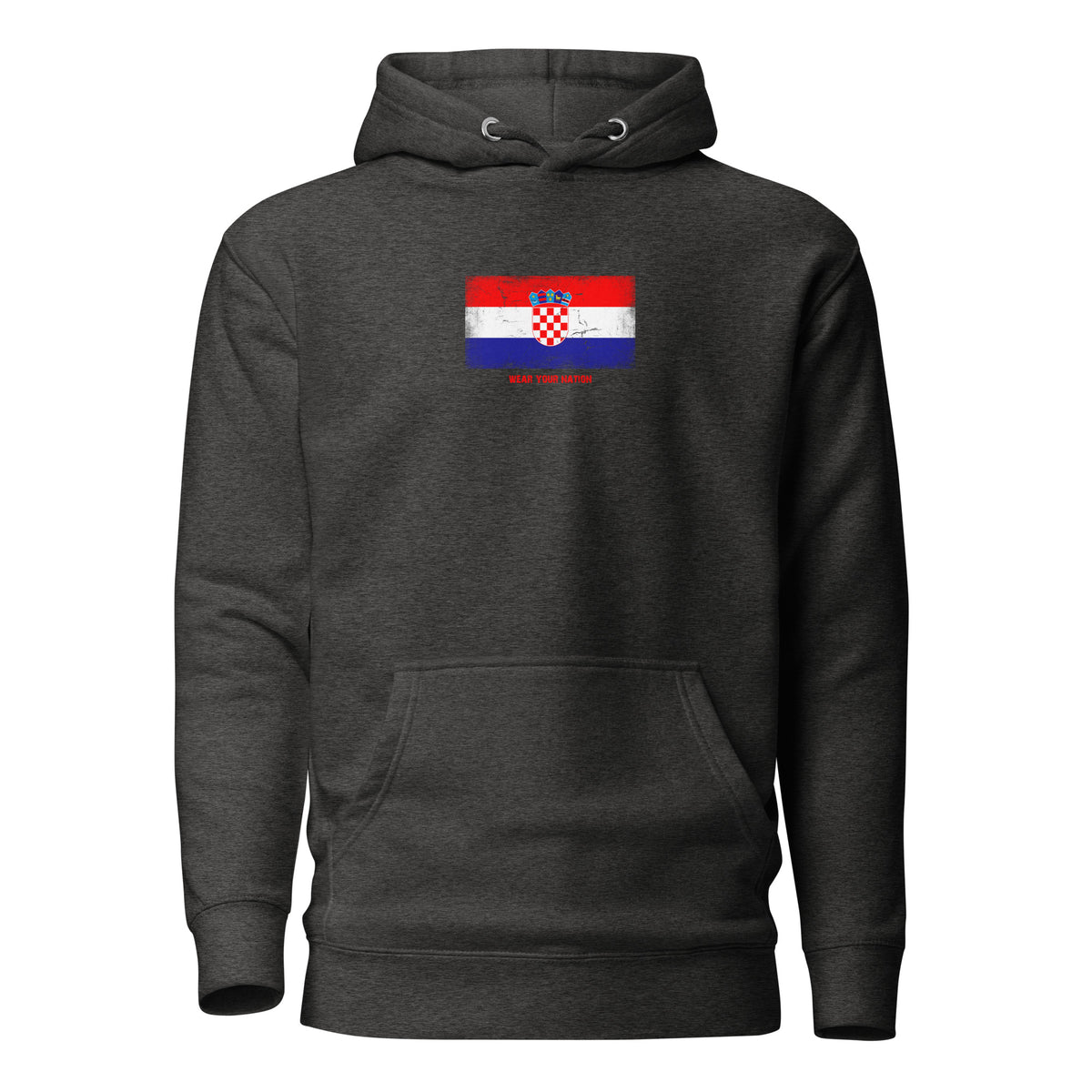Croatia flag hoodie in Charcoal Heather, vintage-washed print, flag on the chest, unisex cut, front view