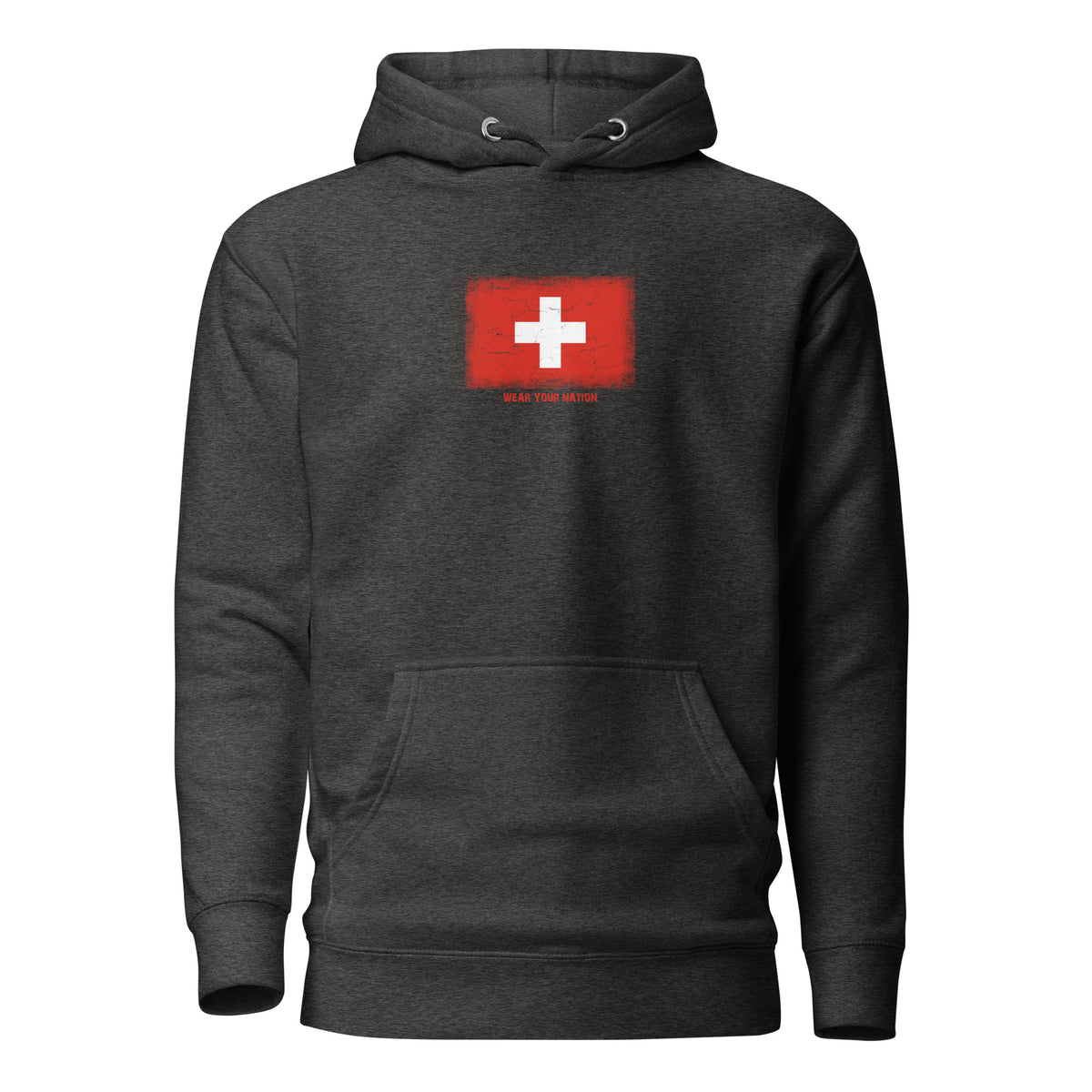 Switzerland flag hoodie in Charcoal Heather, vintage-washed print, flag on the chest, unisex cut, front view