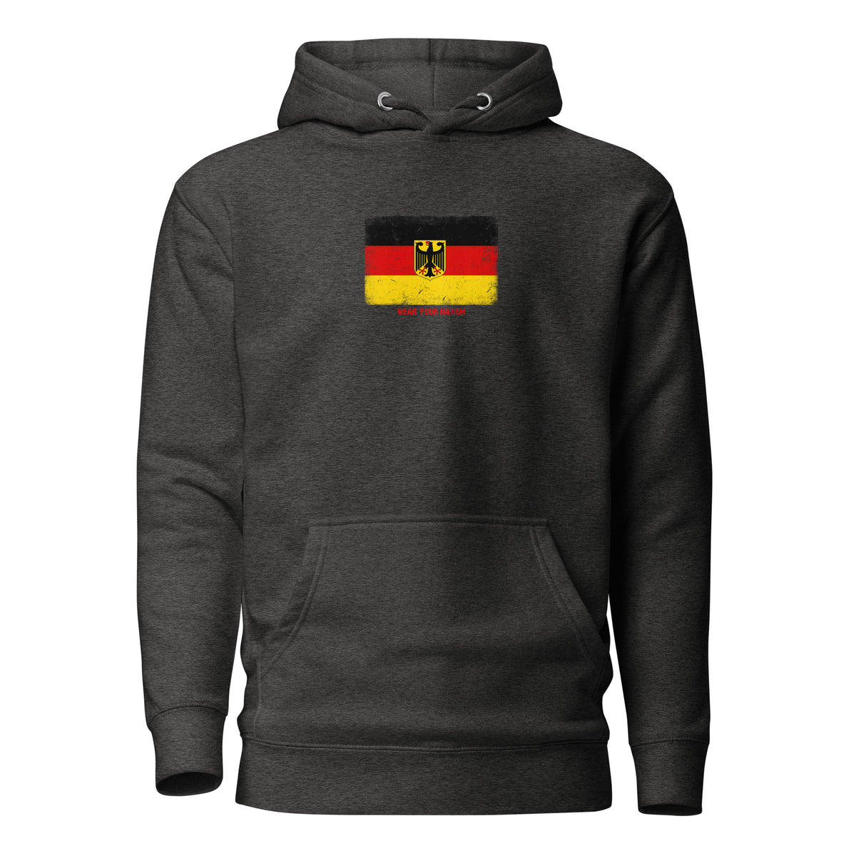 Germany flag hoodie in Charcoal Heather, vintage-washed print, flag on the chest, unisex cut, front view