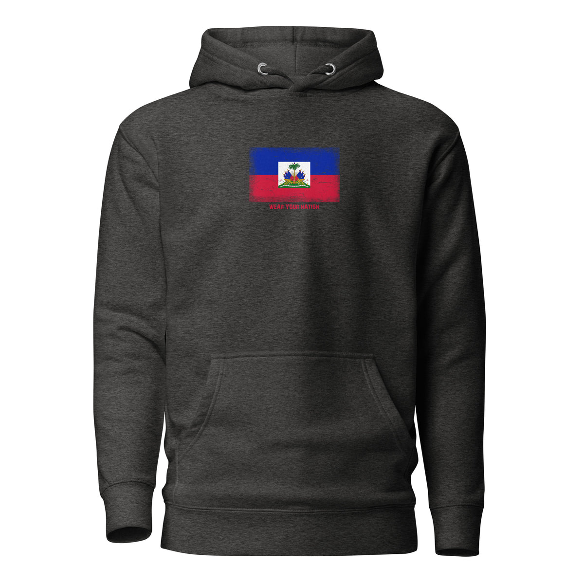 Haiti flag hoodie in Charcoal Heather, vintage-washed print, flag on the chest, unisex cut, front view