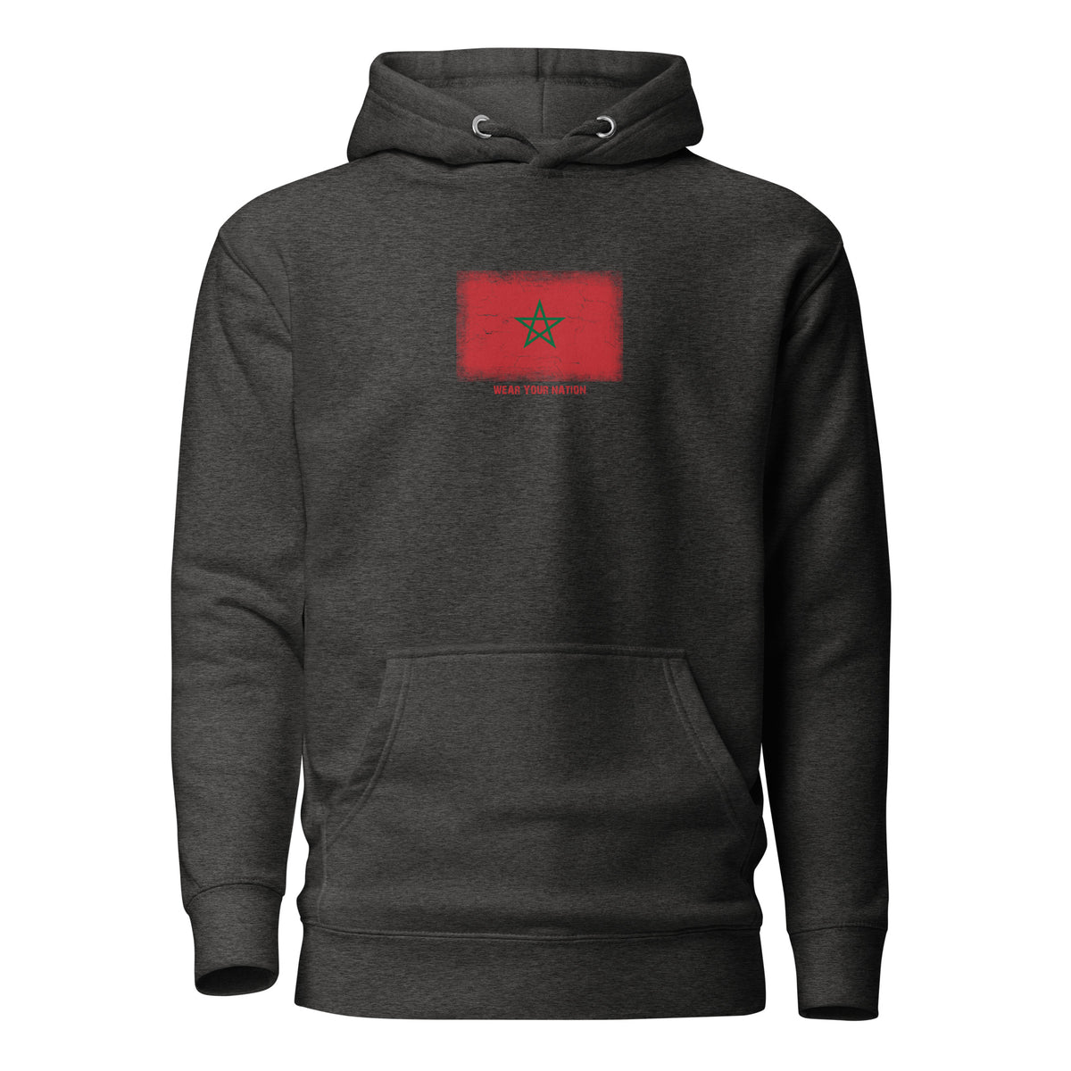Morocco flag hoodie in Charcoal Heather, vintage-washed print, flag on the chest, unisex cut, front view