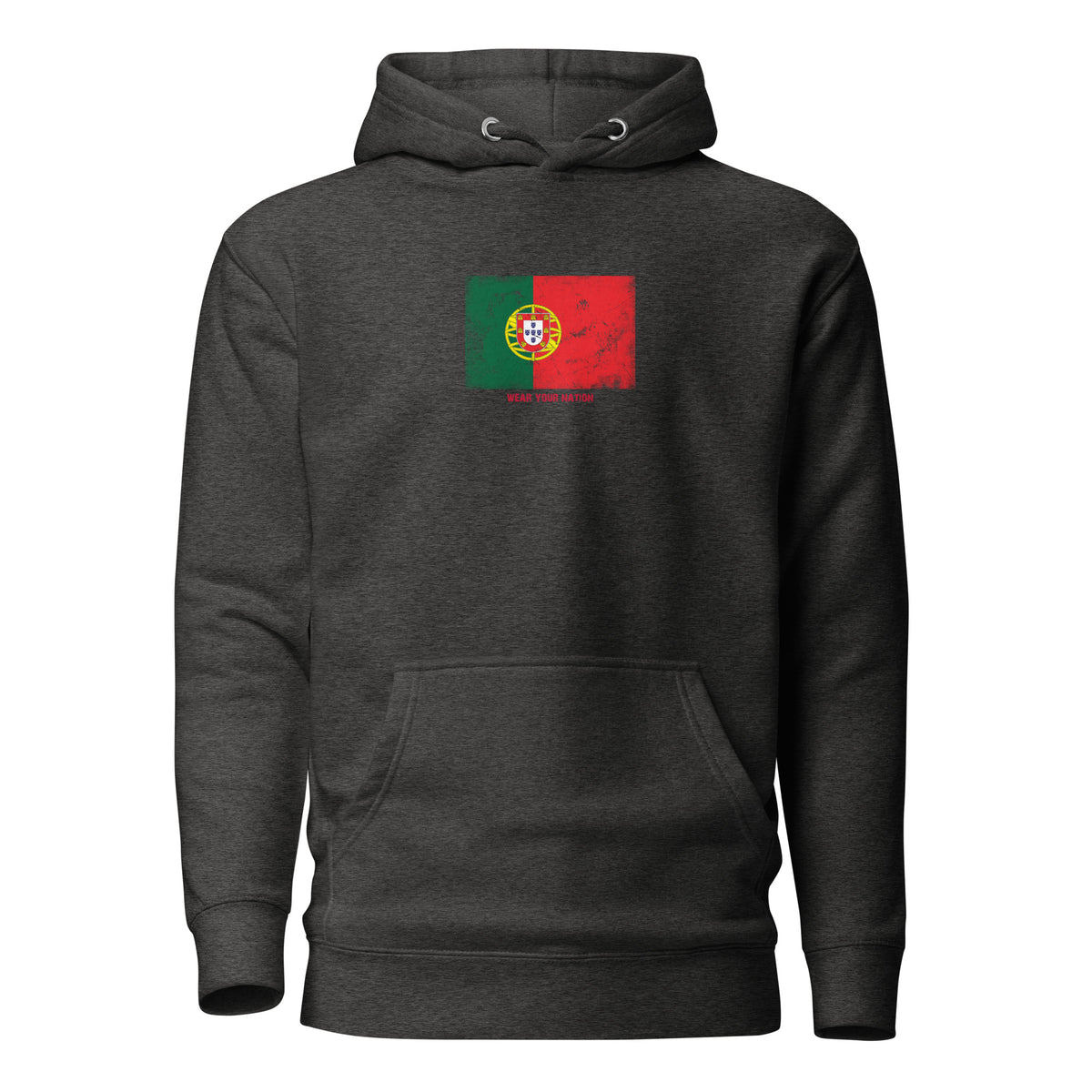 Portugal flag hoodie in Charcoal Heather, vintage-washed print, flag on the chest, unisex cut, front view