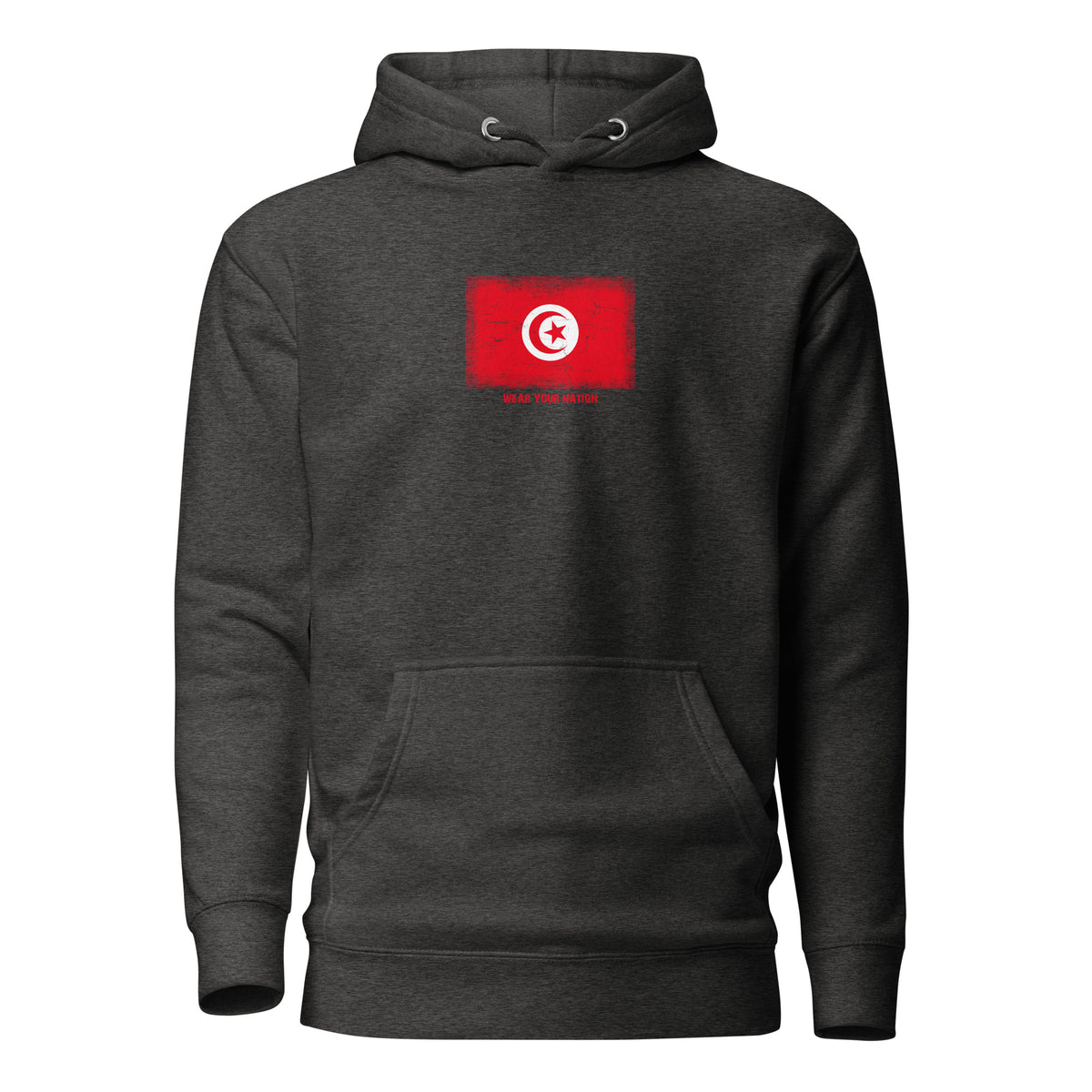 Tunisia flag hoodie in Charcoal Heather, vintage-washed print, flag on the chest, unisex cut, front view