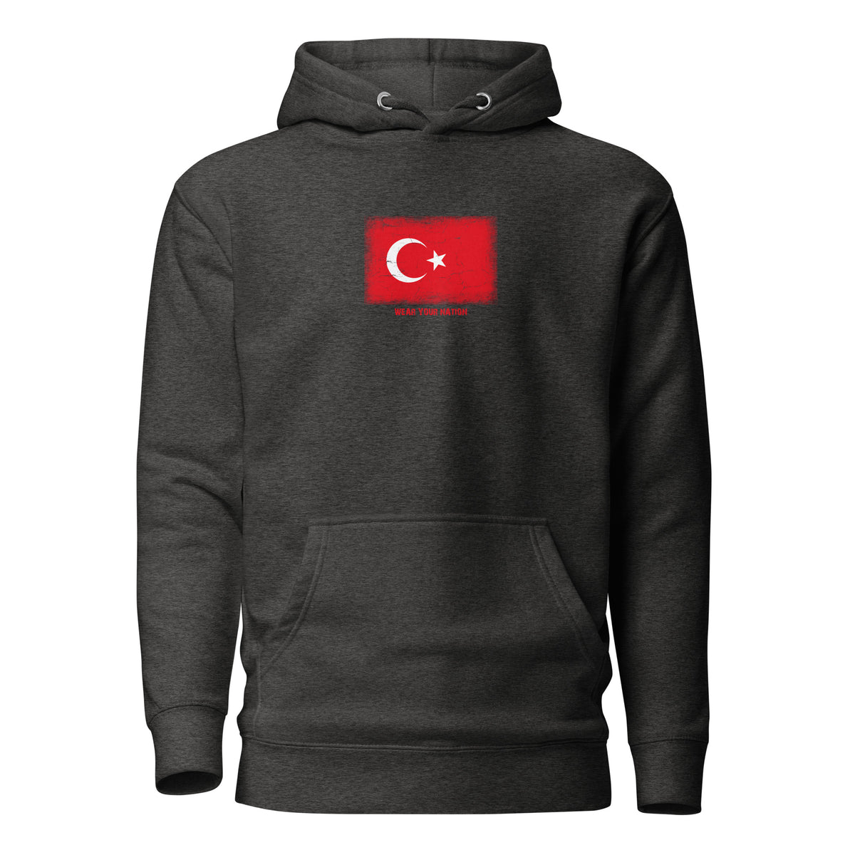 Turkey flag hoodie in Charcoal Heather, vintage-washed print, flag on the chest, unisex cut, front view