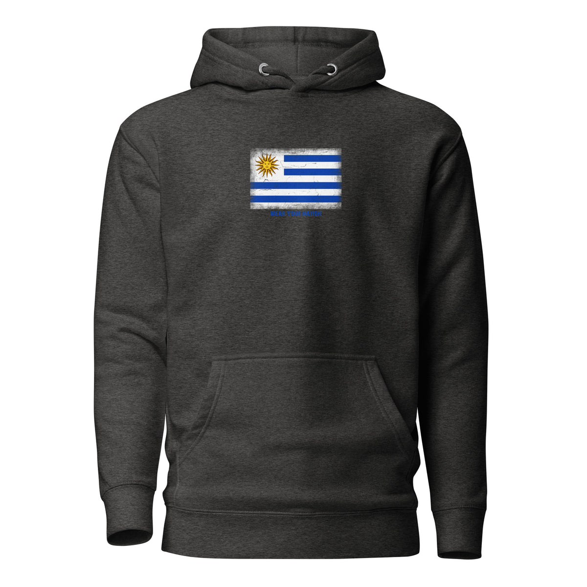 Uruguay flag hoodie in Charcoal Heather, vintage-washed print, flag on the chest, unisex cut, front view