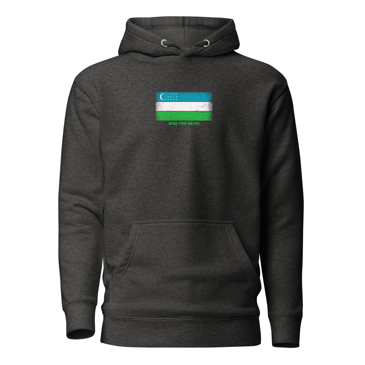 Uzbekistan flag hoodie in Charcoal Heather, vintage-washed print, flag on the chest, unisex cut, front view