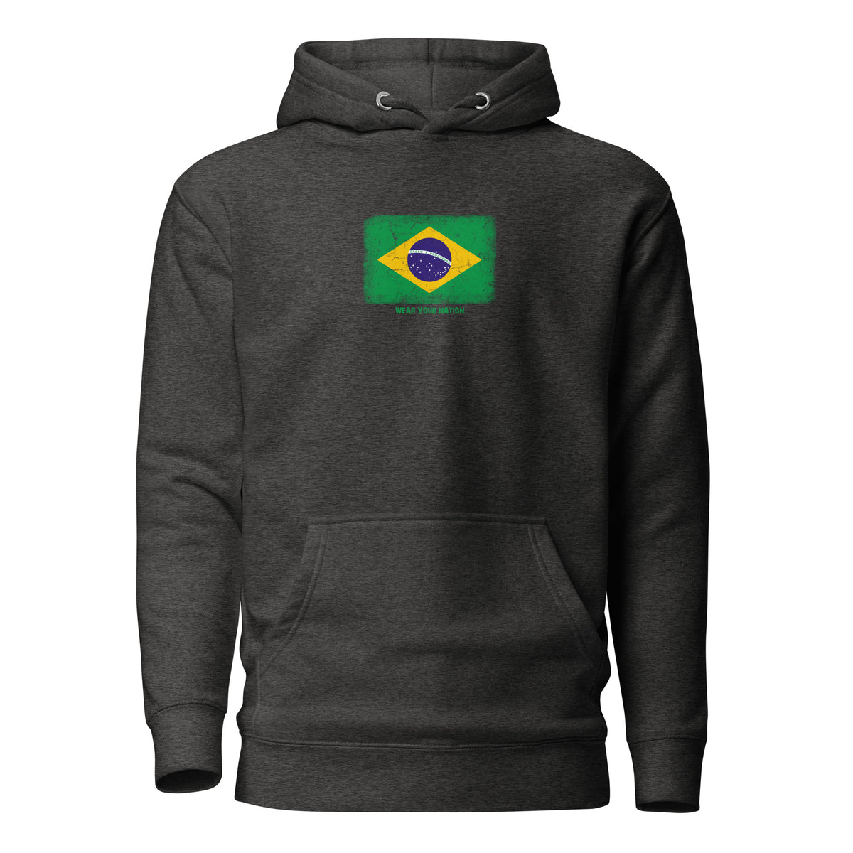Brasil flag hoodie in Charcoal Heather, vintage-washed print, flag on the chest, unisex cut, front view
