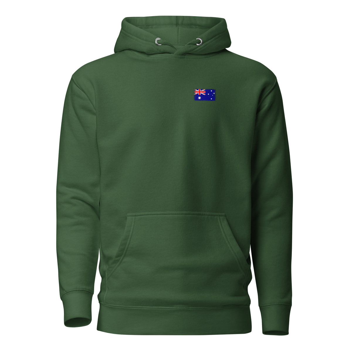 Australia flag hoodie in Forest Green, vintage-washed print, small flag on the left chest, unisex cut, front view