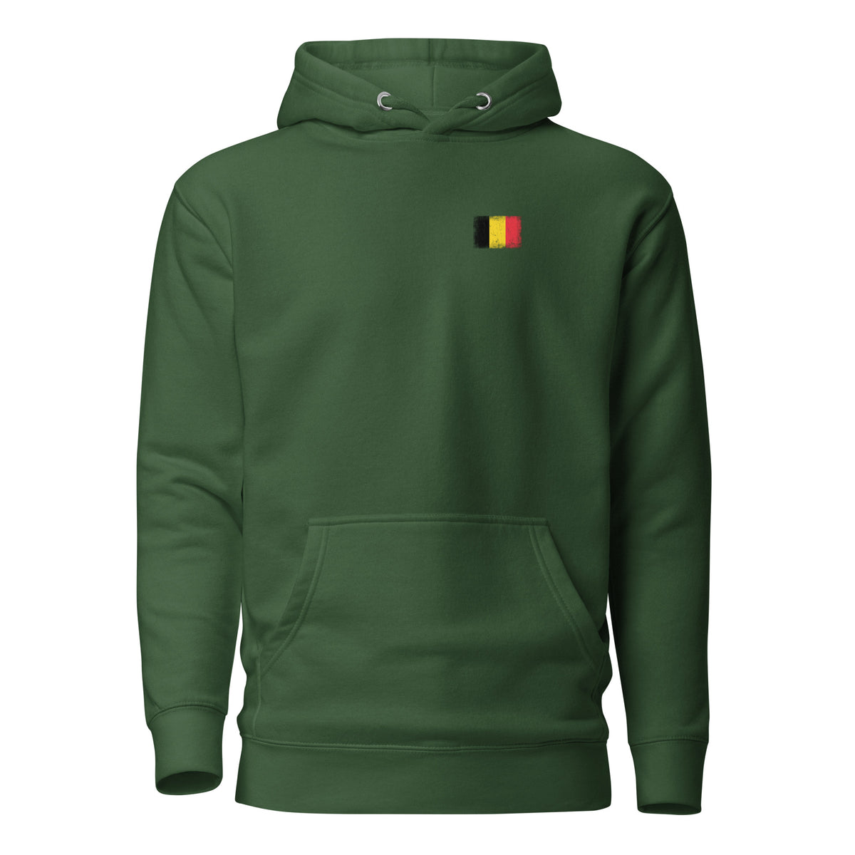 Belgium flag hoodie in Forest Green, vintage-washed print, small flag on the left chest, unisex cut, front view