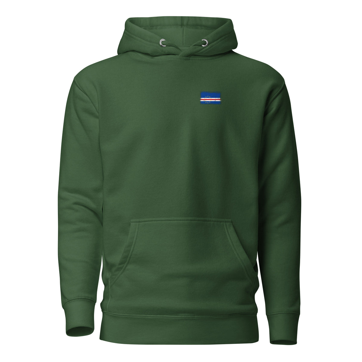 Cape Verde flag hoodie in Forest Green, vintage-washed print, small flag on the left chest, unisex cut, front view