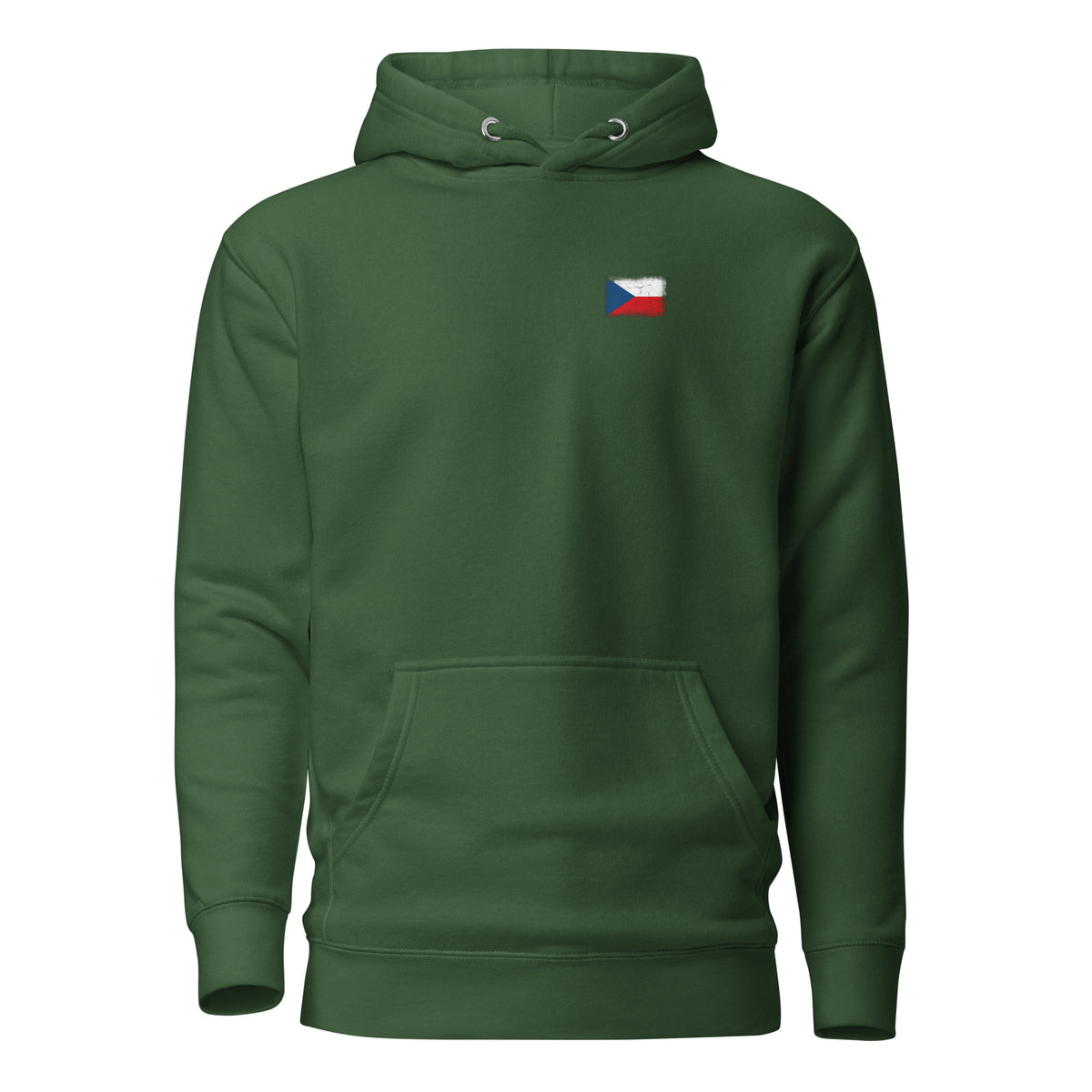 Czechia flag hoodie in Forest Green, vintage-washed print, small flag on the left chest, unisex cut, front view