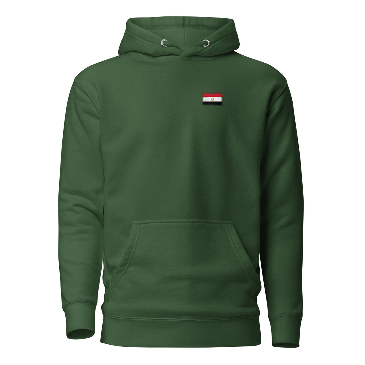 Egypt flag hoodie in Forest Green, vintage-washed print, small flag on the left chest, unisex cut, front view