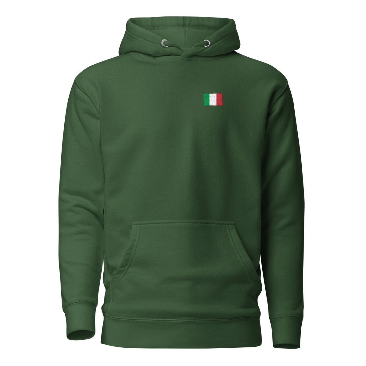 Italy flag hoodie in Forest Green, vintage-washed print, small flag on the left chest, unisex cut, front view