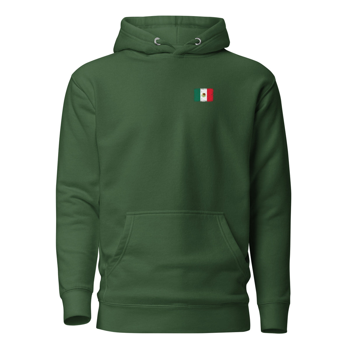 Mexico flag hoodie in Forest Green, vintage-washed print, small flag on the left chest, unisex cut, front view