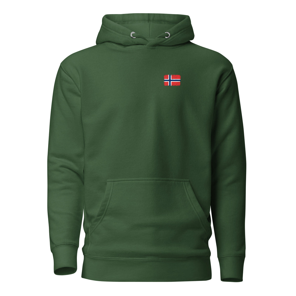 Norway flag hoodie in Forest Green, vintage-washed print, small flag on the left chest, unisex cut, front view